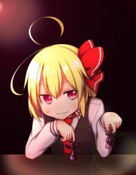 Rule 34 | 1girl, ahoge, blonde hair, blouse, chess piece, earlgrey, hair ribbon, looking at viewer, necktie, red eyes, ribbon, rumia, shirt, short hair, smile, solo, touhou, vest