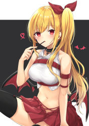 Rule 34 | 1girl, :o, arm strap, bare shoulders, black choker, black thighhighs, blush, breasts, choker, collared shirt, crop top, cross, cross choker, demon girl, demon wings, ear piercing, earrings, food, garter straps, hair ribbon, heart, highres, holding, holding food, jewelry, large breasts, long hair, looking at viewer, low wings, midriff, miniskirt, navel, original, parted lips, piercing, pleated skirt, pocky, red eyes, red ribbon, red skirt, red wings, ribbon, shirt, side ponytail, sidelocks, sitting, skirt, sleeveless, sleeveless shirt, solo, stomach, taruton (konritu0821), thighhighs, two-tone background, underbust, very long hair, white shirt, wings