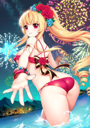 Rule 34 | 1girl, armlet, ass, back, bangle, bead bracelet, beads, bikini, blonde hair, blue flower, bow, bracelet, breasts, character request, cowboy shot, curly hair, fingernails, fireworks, floating hair, flower, frilled bikini, frills, from side, hair flower, hair ornament, highres, jewelry, large breasts, long fingernails, looking at viewer, looking back, milky way, mountain, nail polish, night, night sky, ocean, outdoors, palm tree, palms, parted lips, pink bikini, pink nails, ponytail, purple eyes, reaching, red flower, rewolf, sidelocks, skin tight, skindentation, sky, solo, spread fingers, star (sky), striped, striped bow, swimsuit, sword girls, tree, underboob, wading