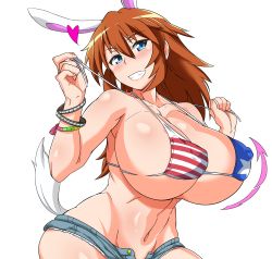 Rule 34 | 1girl, absurdres, american flag bikini, american flag print, animal ears, bikini, blue eyes, blush, bouncing breasts, breasts, brown hair, charlotte e. yeager, collarbone, covered erect nipples, curvy, eyebrows, female focus, flag print, grin, groin, heart, highres, huge breasts, long hair, looking at viewer, navel, open clothes, open shorts, print bikini, rabbit ears, rabbit girl, rabbit tail, shiny skin, short shorts, shorts, simple background, smile, solo, strike witches, swimsuit, tail, tavor (m tavor), teeth, untying, white background, wide hips, world witches series