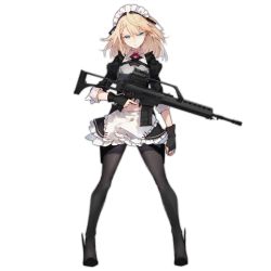 Rule 34 | 1girl, apron, arm strap, armor, assault rifle, black footwear, black gloves, black pantyhose, blonde hair, blue eyes, braid, braided bangs, breastplate, breasts, character name, collared shirt, cropped jacket, fingerless gloves, french braid, full body, g36 (girls&#039; frontline), g36 (mod3) (girls&#039; frontline), gesugao, girls&#039; frontline, glaring, gloves, gun, h&amp;k g36, head tilt, heckler &amp; koch, high heels, holding, imoko (imonatsuki), juliet sleeves, long sleeves, looking at viewer, maid, maid apron, maid headdress, medium breasts, medium hair, midriff, mod3 (girls&#039; frontline), navel, neck ribbon, official alternate costume, official art, pantyhose, puffy sleeves, red ribbon, ribbon, rifle, shirt, sidelocks, skirt, sleeve cuffs, sleeves rolled up, solo, thigh strap, transparent background, trigger discipline, tsurime, waist apron, weapon, wing collar
