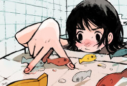 Rule 34 | 1girl, bath, bathing, bathroom, black eyes, black hair, blush, closed mouth, commentary request, finger walking, fish, flipped hair, flying fish, foreshortening, frown, furrowed brow, highres, indoors, medium hair, nude, onobane, onobane (mogyugyu88), original, partially submerged, signature, solo, tile wall, tiles, v-shaped eyebrows, water drop, wet