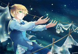 Rule 34 | 00s, 1boy, blonde hair, bow, bowtie, frills, green eyes, male focus, night, night sky, open mouth, outstretched arms, oz vessalius, pandora hearts, short hair, shorts, sky, solo, star (sky), starry sky, vest, wavily