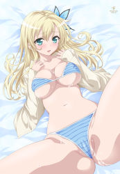 Rule 34 | 10s, 1girl, absurdres, aqua eyes, artist request, bikini, blonde hair, blue bikini, blush, boku wa tomodachi ga sukunai, breasts, bug, butterfly, butterfly hair ornament, cameltoe, cleavage, covered erect nipples, hair ornament, highres, insect, kashiwazaki sena, large breasts, long hair, looking at viewer, lying, navel, official art, on back, open clothes, open mouth, open shirt, pussy juice, shirt, solo, spread legs, striped bikini, striped clothes, swimsuit, underboob