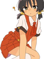 Rule 34 | 1girl, ?, black hair, brown eyes, closed mouth, collared shirt, dress, hair bobbles, hair ornament, kaai yuki, kyoufuu all back (vocaloid), looking at viewer, low twintails, neckerchief, pinafore dress, red dress, red neckerchief, sakadakei, shirt, short hair, short sleeves, simple background, sitting, sleeveless, sleeveless dress, socks, solo, twintails, vocaloid, white background, white shirt, white socks