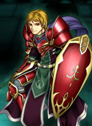 Rule 34 | 1boy, armor, blonde hair, breastplate, brown eyes, commentary request, fire emblem, fire emblem: radiant dawn, holding, holding polearm, holding shield, holding weapon, levail (fire emblem), looking at viewer, nintendo, pauldrons, polearm, purutoppu (toranohige), red armor, shield, shoulder armor, smile, solo, standing, weapon