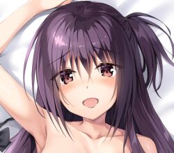 Rule 34 | 1girl, arm up, armpits, aroused, asagiri nozomi, bare shoulders, bed sheet, black bow, black bowtie, blush, bow, bowtie, brown eyes, collarbone, eyes visible through hair, hair between eyes, long hair, looking at viewer, lying, on back, one side up, open mouth, oryo (oryo04), pretty x cation, purple hair, saliva, solo, unworn bowtie
