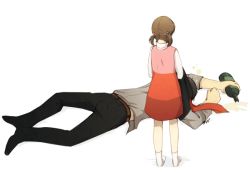 Rule 34 | 1boy, 1girl, atlus, bottle, brown hair, doujima nanako, doujima ryoutarou, dress, drunk, father and daughter, from behind, hanpetos, lying, on stomach, persona, persona 4, short twintails, spilling, twintails