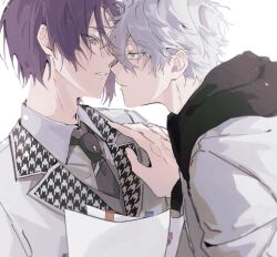 Rule 34 | 2boys, blue lock, closed mouth, collared shirt, commentary request, grey eyes, grey hair, hand on another&#039;s chest, highres, hood, hood down, houndstooth, jacket, long sleeves, looking at another, male focus, mikage reo, multiple boys, nagi seishirou, necktie, paper, parted lips, purple eyes, purple hair, shirt, short hair, simple background, upper body, white background, white jacket, white shirt, yaoi, yng z