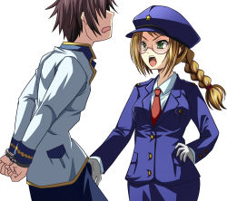 Rule 34 | 1boy, 1girl, arms behind back, blush, braid, breasts, bulge, cuffs, freckles, glasses, hand on own hip, handcuffs, hongou kazuto, koihime musou, long hair, necktie, open mouth, penis grab, shin koihime musou, short hair, simple background, ukin, white background, yagami (mukage)