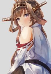 Rule 34 | 1girl, ahoge, bare shoulders, blush, breasts, brown hair, detached sleeves, double bun, grey background, hairband, headgear, japanese clothes, kantai collection, kongou (kancolle), konkito, long hair, looking at viewer, looking back, nontraditional miko, pouty lips, simple background, solo