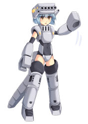 Rule 34 | 1girl, armor, black leotard, blue hair, blush, boots, brown eyes, cross (crossryou), gloves, grey armor, grey footwear, grey gloves, grey leotard, headgear, leotard, mecha musume, mechagiras, armored boots, metal gloves, open mouth, personification, short hair, standing, tail, thigh boots, thighhighs, ultra series, ultraman 80 (series), white background