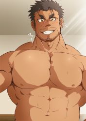 Rule 34 | 1boy, abs, bad id, bad twitter id, bara, beard, black hair, dagon (housamo), facial hair, highres, large pectorals, light, long sideburns, looking at viewer, male focus, manly, muscular, nipples, oro9, pectorals, sideburns, smile, solo, tokyo houkago summoners, topless male, upper body, yellow eyes