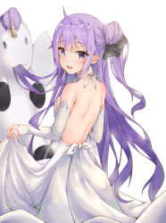 Rule 34 | 1girl, absurdres, ahoge, azur lane, backless dress, backless outfit, bare shoulders, blush, breasts, commentary, dress, elbow gloves, from behind, gloves, hair ribbon, highres, lifting own clothes, long hair, looking at viewer, open mouth, purple eyes, purple hair, ribbon, shoulder blades, simple background, skirt, skirt hold, small breasts, smile, solo, stuffed animal, stuffed toy, stuffed winged unicorn, unicorn (azur lane), very long hair, white background, white dress, white gloves, wung125