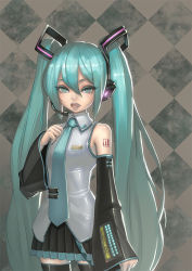 Rule 34 | 1girl, aqua eyes, aqua hair, aro (charged time out), bad id, bad pixiv id, bare shoulders, checkered background, colored eyelashes, detached sleeves, eyelashes, hatsune miku, headphones, headset, long hair, necktie, shiny clothes, skirt, solo, thighhighs, twintails, very long hair, vocaloid