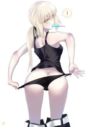 Rule 34 | 1girl, absurdres, artoria pendragon (all), artoria pendragon (fate), ass, bare shoulders, black camisole, black panties, black shorts, blonde hair, blush, breasts, butt crack, camisole, fate/grand order, fate (series), food, highres, long hair, looking at viewer, looking back, low ponytail, medium breasts, mouth hold, panties, panty pull, popsicle, saber alter, saber alter (ver. shinjuku 1999) (fate), shidou (x 2903), shorts, solo, thighs, underwear