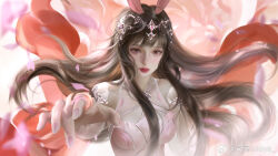 Rule 34 | 1girl, animal ears, breasts, brown hair, closed mouth, douluo dalu, dress, falling petals, floating hair, hair ornament, highres, long hair, looking at viewer, medium breasts, petals, pink dress, pink eyes, pink nails, rabbit ears, reaching, reaching towards viewer, ripples, second-party source, solo, upper body, xiao wu (douluo dalu)