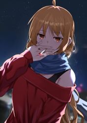 Rule 34 | absurdres, bare shoulders, blonde hair, blue scarf, blurry, blurry background, bocchi the rock!, bureoeve, cigarette, highres, holding, holding cigarette, ijichi seika, long hair, looking at viewer, night, night sky, off-shoulder sweater, off shoulder, orange eyes, red sweater, scarf, sky, smoke, star (sky), sweater
