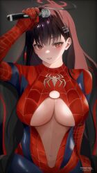 Rule 34 | 1girl, alternate costume, animal print, blue archive, blush, breasts, brown hair, cleavage cutout, clothing cutout, cosplay, halo, heart, highres, holding, holding microphone, instagram, large breasts, looking at viewer, matchacha, microphone, navel cutout, red eyes, rio (blue archive), solo, spider-man, spider-man (cosplay), spider print, spider web print, textless version, underboob