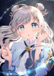 Rule 34 | 1girl, :o, ahoge, aqua nails, blush, commentary request, crop top, fingernails, frilled sleeves, frills, green eyes, hair rings, highres, long fingernails, long hair, long sleeves, looking at viewer, momoshiki tsubaki, nail polish, night, night sky, official art, open mouth, shirt, silver hair, sky, solo, sparkle, star (sky), starry sky, upper body, virtual youtuber, white shirt, wide sleeves