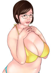 Rule 34 | 1girl, bad id, bad pixiv id, bikini, breasts, brown hair, cleavage, glasses, kusagami style, large breasts, lips, original, plump, short hair, simple background, solo, standing, swimsuit, white background