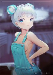 Rule 34 | 1girl, aduo, bare arms, bare shoulders, blue eyes, blue hair, blurry, blurry background, breasts, closed mouth, collarbone, commentary request, depth of field, double bun, facebook username, hair bun, hand on own hip, highres, instagram username, looking at viewer, multicolored hair, naked overalls, original, overall shorts, overalls, pixiv id, silver hair, small breasts, solo, streaked hair, twitter username