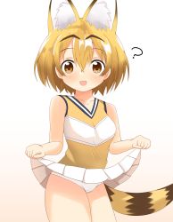 Rule 34 | 1girl, :d, ?, animal ear fluff, animal ears, bare arms, bare shoulders, blonde hair, breasts, brown background, brown eyes, brown shirt, cameltoe, clothes lift, collarbone, cowboy shot, crotch seam, gradient background, hair between eyes, highres, kemono friends, lifting own clothes, looking at viewer, open mouth, panties, pleated skirt, serval (kemono friends), serval tail, shin01571, shirt, skirt, skirt lift, sleeveless, sleeveless shirt, small breasts, smile, solo, striped tail, tail, underwear, white background, white panties, white skirt
