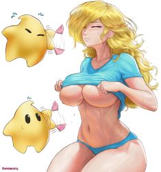 Rule 34 | 1girl, areola slip, artist name, blonde hair, blue panties, breasts, clothes lift, collarbone, closed eyes, fanning, hair over one eye, hand on own chest, highres, large breasts, long hair, luma (mario), mario (series), muscular, muscular female, navel, nintendo, panties, rosalina, shirt lift, sitting, solo, star (symbol), super mario galaxy, superbusty, sweat, thighs, underwear, undressing, wavy hair, wavy mouth, white background
