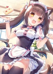 Rule 34 | 1girl, :d, animal ear fluff, animal ears, apron, bell, black dress, black thighhighs, blunt bangs, blunt ends, blush, bow, bowtie, breasts, brown eyes, brown hair, brown tail, cake, cake slice, cat ears, cat girl, cat tail, chocola (nekopara), cleavage, cleavage cutout, clothes lift, clothing cutout, commentary, cowboy shot, day, dress, food, frilled apron, frilled dress, frilled sleeves, frills, fruit, groin, hair bow, hair ribbon, happy, highres, holding, holding tray, indoors, jingle bell, long hair, looking at viewer, maid, maid headdress, medium breasts, mofukoke, neck bell, nekopara, open mouth, pink bow, pink bowtie, puffy short sleeves, puffy sleeves, ribbon, short dress, short sleeves, sidelighting, sidelocks, skirt, skirt lift, smile, solo, standing, strawberry, tail, thighhighs, tray, twintails, very long hair, w arms, waitress, white apron, white ribbon, white wrist cuffs, window, wrist cuffs, zettai ryouiki