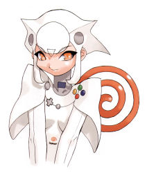 Rule 34 | 1girl, controller, dreamcast-tan, formal, game console, game controller, gamepad, orange eyes, personification, product girl, sega, sega dreamcast, simple background, smile, solo, spiral, suit, swirl, video game, white background, white theme, yoshizaki mine
