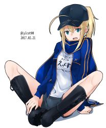 Rule 34 | 1girl, absurdres, ahoge, artoria pendragon (fate), black hat, blonde hair, blue eyes, boots, excalibur (fate/stay night), fate/grand order, fate (series), hair between eyes, hat, highres, indian style, irukatto, long hair, mysterious heroine x (fate), open mouth, ponytail, short shorts, shorts, sitting, solo, thighhighs, visor cap