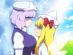 Rule 34 | 2girls, blonde hair, blue vest, breasts, closed eyes, closed mouth, commentary request, dress, fairy, fairy wings, false smile, hat, large breasts, letty whiterock, light purple hair, lily white, long hair, long sleeves, multiple girls, shaded face, shirosato, shirt, short hair, sidelocks, smile, touhou, vest, white dress, white headwear, white shirt, wings
