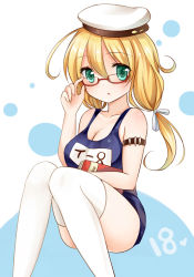 Rule 34 | 10s, 1girl, ahoge, aqua eyes, arm support, blonde hair, blush, book, breasts, character name, collarbone, glasses, hat, i-8 (kancolle), kantai collection, large breasts, long hair, looking at viewer, low twintails, name tag, nikoo, one-piece swimsuit, red-framed eyewear, school swimsuit, semi-rimless eyewear, solo, swimsuit, thighhighs, twintails, under-rim eyewear, white thighhighs