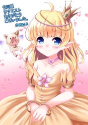 Rule 34 | 1girl, ahoge, blonde hair, blush, closed mouth, commentary request, commission, crown, detached sleeves, dress, gradient background, highres, iris mysteria!, kaze makase, long hair, looking at viewer, mini crown, petals, pham, pink background, pointy ears, puffy short sleeves, puffy sleeves, short sleeves, skeb commission, smile, solo, strapless, strapless dress, thick eyebrows, tilted headwear, translation request, white background, yellow dress, yellow sleeves