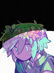 Rule 34 | 1boy, antenna hair, aqua hair, aqua overalls, backlighting, basil (headspace) (omori), basil (omori), blue eyes, buttons, child, collared shirt, colored skin, flower, flower wreath, green shirt, head wreath, highres, male focus, omori, omoyu (nakyu715), orange flower, overalls, parted lips, portrait, revealing layer, shirt, short hair, short sleeves, simple background, solo, tears, tears from one eye, three quarter view, white skin, wide-eyed