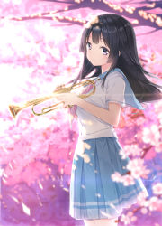Rule 34 | 10s, 1girl, absurdres, black hair, blue skirt, blurry, blurry background, blush, cherry blossoms, closed mouth, commentary, cowboy shot, dappled sunlight, depth of field, fanqie jidan, from side, hibike! euphonium, highres, holding, holding instrument, instrument, kousaka reina, long hair, looking at viewer, looking to the side, medium skirt, neckerchief, petals, pink neckerchief, pleated skirt, purple eyes, revision, school uniform, shirt, short sleeves, skirt, smile, solo, spring (season), standing, sunlight, tree, trumpet, white shirt