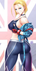 Rule 34 | 1girl, ass, bare shoulders, blonde hair, blue eyes, blue jacket, breasts, cammy white, capcom, choker, covered erect nipples, female focus, fingerless gloves, from behind, gloves, grabbing own breast, highres, jacket, large breasts, legs, looking at viewer, looking back, midriff, pants, parted lips, pink lips, scar, scar on face, seductive gaze, short hair, sideboob, solo, st.germain-sal, street fighter, street fighter 6, tank top, teeth, thick thighs, thighs, tight clothes, tight pants, union jack, yoga pants