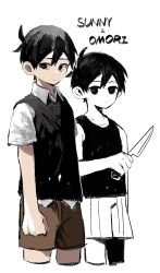Rule 34 | 2boys, antenna hair, arm at side, arms at sides, bare shoulders, black eyes, black hair, black sweater vest, black tank top, brown shorts, character name, closed mouth, collared shirt, colored skin, cropped legs, dual persona, expressionless, highres, holding, holding knife, knife, looking at viewer, multiple boys, no pupils, omori, omori (omori), shirt, short hair, short sleeves, shorts, sleeveless, south ac, sunny (omori), sweater vest, tank top, white background, white shorts, white skin, white sleeves
