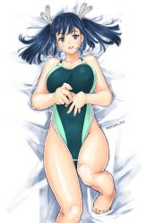 Rule 34 | 1girl, :d, absurdres, alternate costume, artist name, bad id, bad twitter id, bare shoulders, barefoot, bed sheet, blue eyes, blue hair, blush, breasts, competition swimsuit, green one-piece swimsuit, hair ribbon, highres, kantai collection, large breasts, looking at viewer, lying, notchi, on back, on bed, one-piece swimsuit, open mouth, ribbon, smile, solo, souryuu (kancolle), swimsuit, twintails, white ribbon
