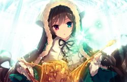 Rule 34 | 1girl, black ribbon, blue eyes, bonnet, brown hair, commentary request, dress, green dress, hat, head scarf, heterochromia, ima (lm ew), long hair, long sleeves, looking at viewer, neck ribbon, open mouth, parted lips, red eyes, ribbon, rozen maiden, solo, suiseiseki, upper body, very long hair, watering can
