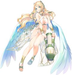 1girl amazuyu_tatsuki blonde_hair blue_eyes breasts female_focus flower full_body grin hair_flower hair_ornament hair_ribbon highres holding_vase large_breasts long_hair looking_at_viewer non-web_source official_art photoshop_(medium) ribbon sandals sidelocks simple_background smile solo ulthury utawarerumono utawarerumono:_lost_flag white_background wings