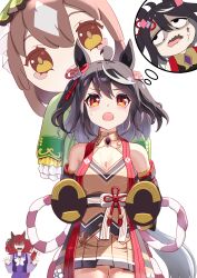Rule 34 | 2girls, absurdres, animal ears, bare shoulders, black hair, bocchi the rock!, breasts, brown hair, carrying, character doll, cleavage, cleavage cutout, clothing cutout, collarbone, commentary request, detached sleeves, doqute stuffed doll, highres, horse ears, horse girl, kitasan black (umamusume), looking at viewer, medium breasts, multiple girls, nice nature (umamusume), open mouth, red eyes, red hair, satono diamond (umamusume), school uniform, shaded face, simple background, surprised, sweat, taki rentaro, tracen school uniform, translation request, umamusume, wavy mouth, white background