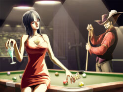 Rule 34 | 1boy, 1girl, ball, bare shoulders, beard, billiard ball, billiards, black hair, black headwear, blunt bangs, closed mouth, commentary, cue stick, dracule mihawk, dress, english commentary, facial hair, hat, hat feather, holding, holding cue stick, holding ticket, indoors, long hair, mustache, nico robin, one piece, open mouth, pool table, red dress, short hair, sideburns, sitting, sitting on table, smile, table, third-party source, ticket, zugan (berugkamp)
