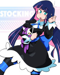 Rule 34 | 1girl, aqua eyes, back bow, black dress, black nails, blue bow, blue hair, blunt bangs, blunt ends, blush, bow, bright pupils, character name, colored inner hair, dress, feet out of frame, highres, long sleeves, looking at viewer, multicolored hair, open mouth, panty &amp; stocking with garterbelt, pink hair, scott malin, solo, stocking (psg), stuffed animal, stuffed toy, two-tone hair, white pupils