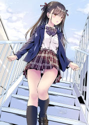 Rule 34 | 1girl, :o, arms at sides, black hair, black socks, blue jacket, blush, bow, bowtie, brown eyes, cloud, cloudy sky, collared shirt, day, dutch angle, foot out of frame, hair ribbon, highres, jacket, kneehighs, kobayashi chisato, long hair, long sleeves, looking to the side, on stairs, open clothes, open jacket, open mouth, original, outdoors, panties, pantyshot, plaid, plaid bow, plaid bowtie, plaid skirt, purple bow, purple bowtie, red skirt, ribbon, school uniform, shirt, shirt tucked in, sidelocks, skindentation, skirt, sky, socks, solo, stairs, standing, thighs, underwear, upskirt, white panties, white shirt