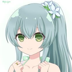 Rule 34 | 1girl, aqua hair, assault lily, bare shoulders, bikini, bow, clenched hands, closed mouth, collarbone, commentary request, crossed bangs, floral print, flower, gradient background, green background, green bikini, green bow, green eyes, hair between eyes, hair flower, hair ornament, halterneck, hands up, high ponytail, highres, jewelry, long hair, looking at viewer, multi-strapped bikini, official alternate costume, official alternate hairstyle, piatin, portrait, print bow, raised eyebrows, ring, side ponytail, smile, solo, swimsuit, toki kureha, twitter username, white background, white bikini, white flower