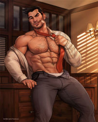 Rule 34 | 1boy, abs, ace attorney, bandaid, bandaid on face, bara, bare pectorals, beard, black eyes, black hair, brown hair, bulge, chest hair, dick gumshoe, facial hair, feet out of frame, grey pants, hairy, highres, indoors, large pectorals, long sleeves, looking at viewer, male focus, male underwear, marcus (rnarccus), muscular, navel, navel hair, necktie, nipples, open clothes, open pants, open shirt, pants, pectorals, raised eyebrow, realistic, salaryman, short hair, sideburns, smile, solo, stubble, thick thighs, thighs, tight clothes, tight pants, underwear, undressing, watermark, web address, white briefs, white male underwear