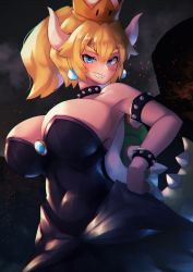 Rule 34 | 1girl, armpits, black dress, blonde hair, blue eyes, blush, bowsette, bracelet, breasts, collar, commentary request, covered navel, crown, dress, grin, hand on own hip, highres, horns, huge breasts, jewelry, looking at viewer, mario (series), new super mario bros. u deluxe, nintendo, ponytail, sharp teeth, smile, solo, sparks, spiked bracelet, spiked collar, spikes, standing, strapless, strapless dress, super crown, tail, teeth, totoya z