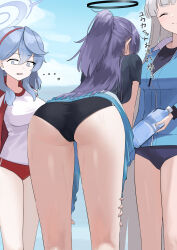 Rule 34 | ..., 3girls, absurdres, ako (blue archive), ako (track) (blue archive), alternate costume, ass, ass focus, bare legs, black buruma, blue archive, blue buruma, blue hair, breasts, buruma, commentary, empty eyes, feet out of frame, grey hair, gym shirt, gym uniform, hairband, half updo, halo, highres, jacket, long hair, looking at another, medium breasts, multiple girls, noa (blue archive), official alternate costume, outdoors, ponytail, purple hair, red buruma, red hairband, shirt, sweat, takkun0926, track jacket, very long hair, yuuka (blue archive), yuuka (track) (blue archive)