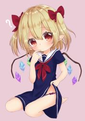Rule 34 | 1girl, ?, aged down, ascot, bad id, bad pixiv id, barefoot, blonde hair, blue dress, blush, bow, bow panties, child, clothes lift, commentary request, crystal, dress, dress lift, finger to mouth, flandre scarlet, full body, hair between eyes, hair bow, head tilt, looking at viewer, panties, pink background, pink panties, pointy ears, red ascot, red bow, red eyes, reo (re2kn), sailor dress, short sleeves, simple background, sitting, solo, touhou, two side up, underwear, wings